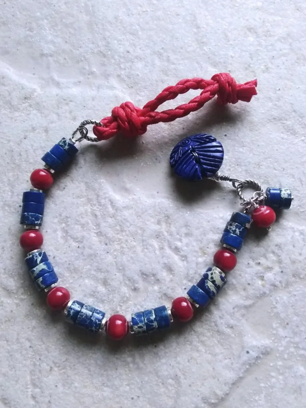 Handmade! Button & Loop Bracelet ~ Genuine Red Coral & Blue Sea Sediment Jasper